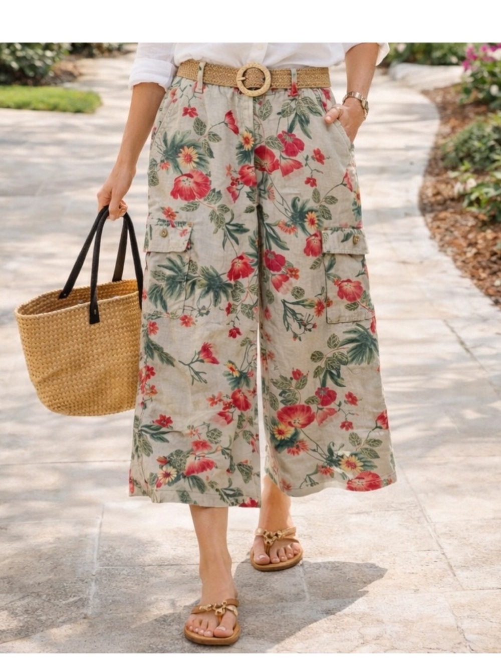 Chico’s linen cargo wide leg crop pants beige coral green pink floral size 12